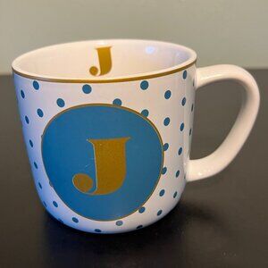 Letter J Monogram Initial Stoneware Mug ~ Teal Polka Dots & Metallic Gold Accent